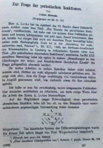 Перша сторінка статті у журналі Zeitschrift für Physikalische Chemie (Leipzig, 1911, Bd. 75), у якій теоретично розглядаються періодичні хемічні реакції. 